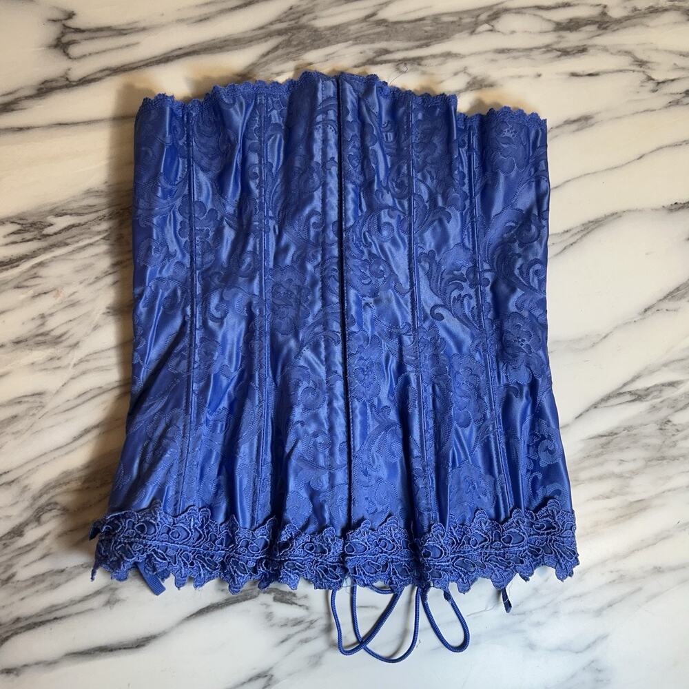 Frederick's of Hollywood Vintage Blue Corset Lingerie Top Lace & Lace-Up Size 34